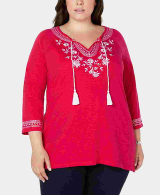 Camisa feminina plus size de algodão bordado estilo camponês Charter Club, rosa, tamanho 3X