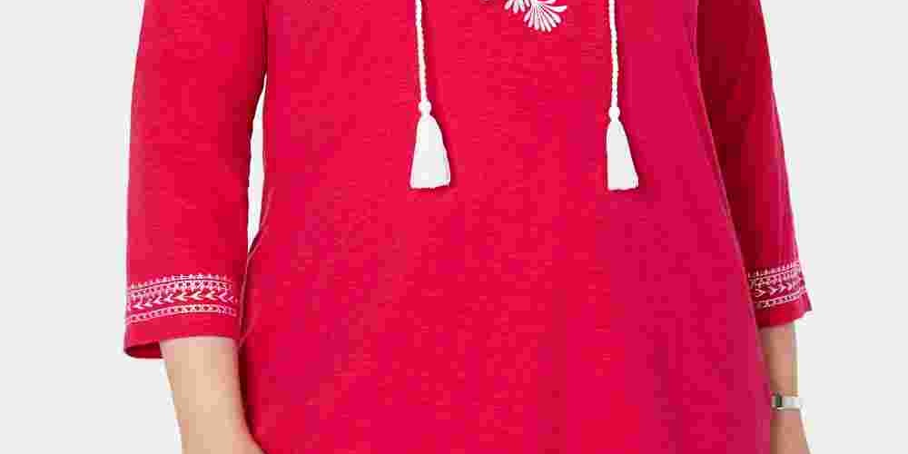 Camisa feminina plus size de algodão bordado estilo camponês Charter Club, rosa, tamanho 3X