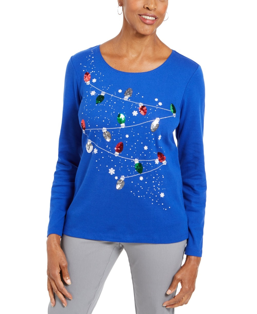 Blusa de algodão com detalhes Karen Scott feminina, azul, tamanho X-G