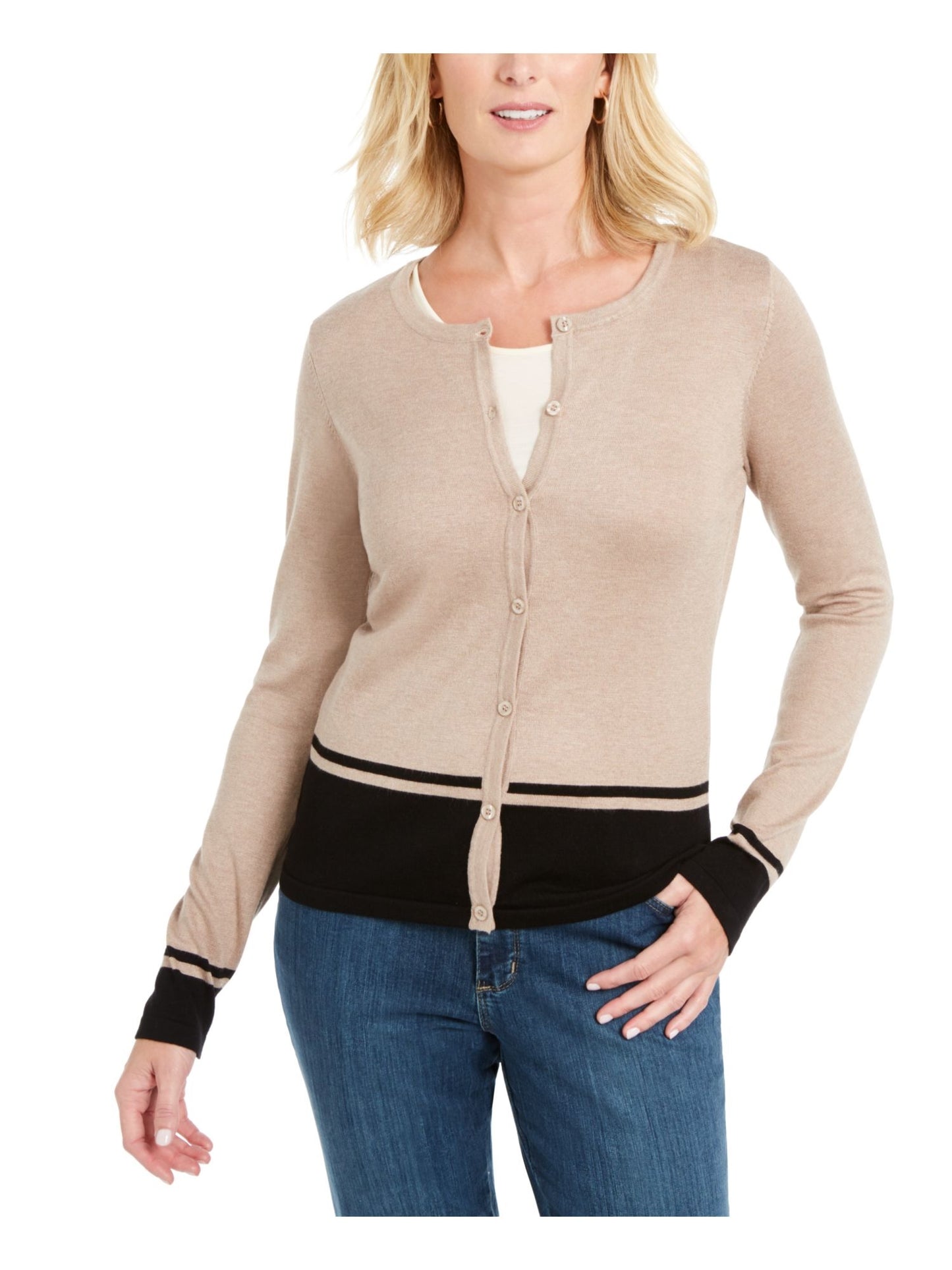 Karen Scott Cardigan Feminino Colorblocked Hem Bege Tamanho Pequeno