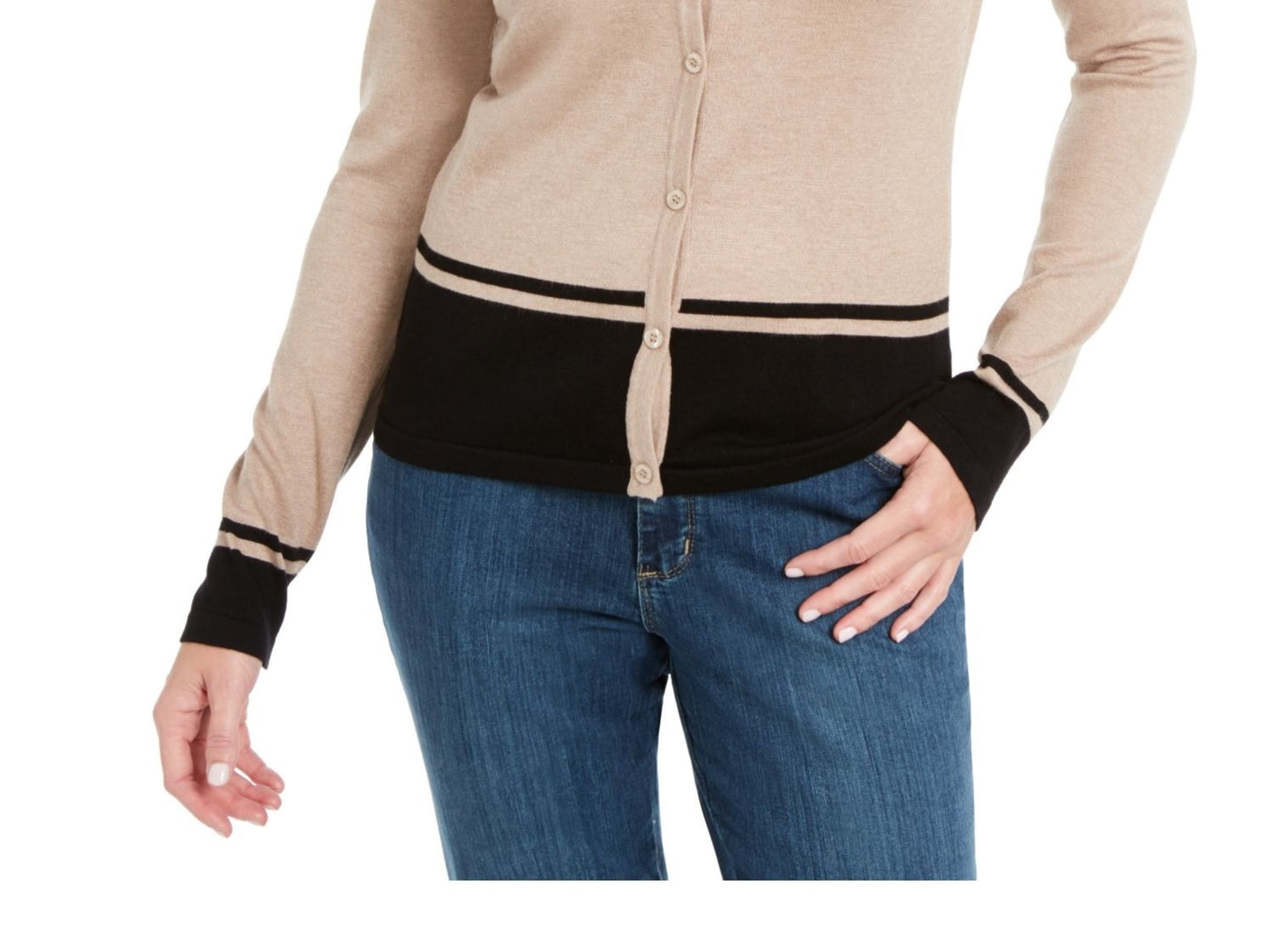 Karen Scott Cardigan Feminino Colorblocked Hem Bege Tamanho Pequeno