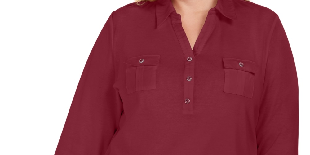 Polo Karen Scott Plus Size de Algodão Manga 3/4 Feminina Vermelha Tamanho 0X