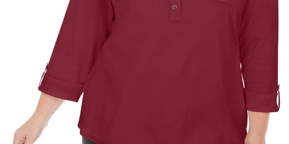 Polo Karen Scott Plus Size de Algodão Manga 3/4 Feminina Vermelha Tamanho 0X