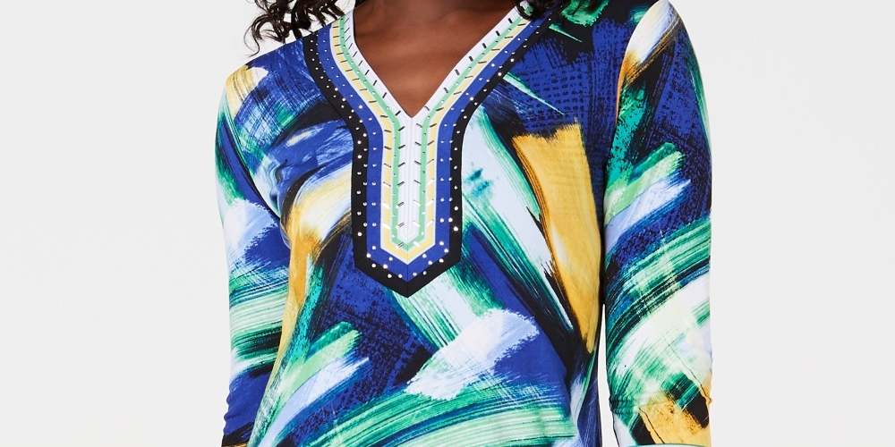 Túnica feminina com decote em Y e detalhes em azul, tamanho PL, da coleção JM
