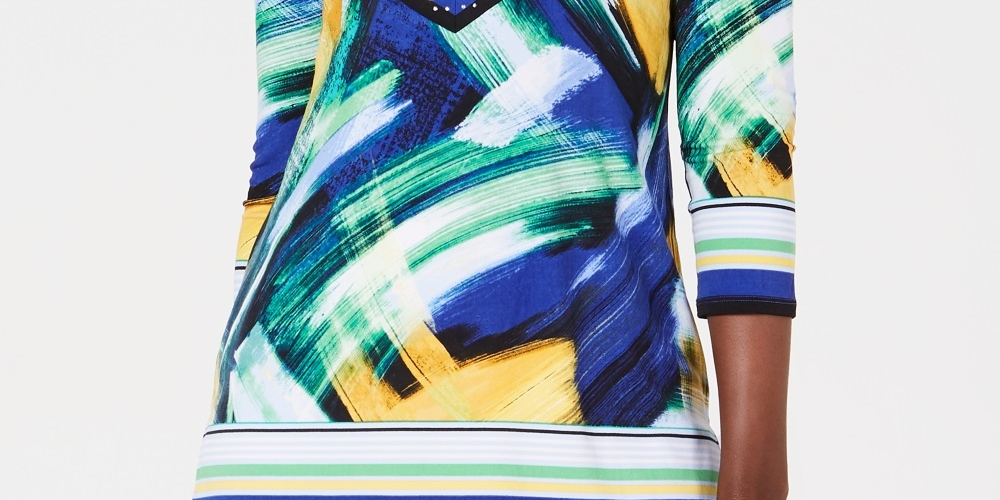 Túnica feminina com decote em Y e detalhes em azul, tamanho PL, da coleção JM