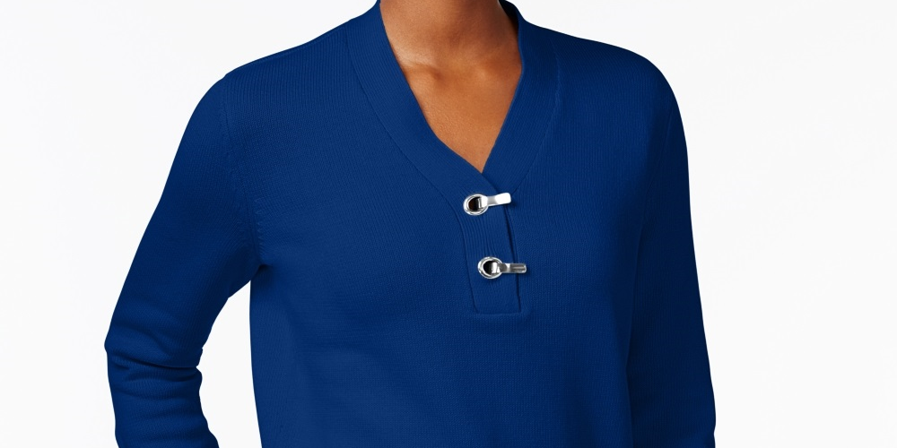 Karen Scott Suéter Feminino de Algodão com Gola V e Hardware Azul Tamanho X-G