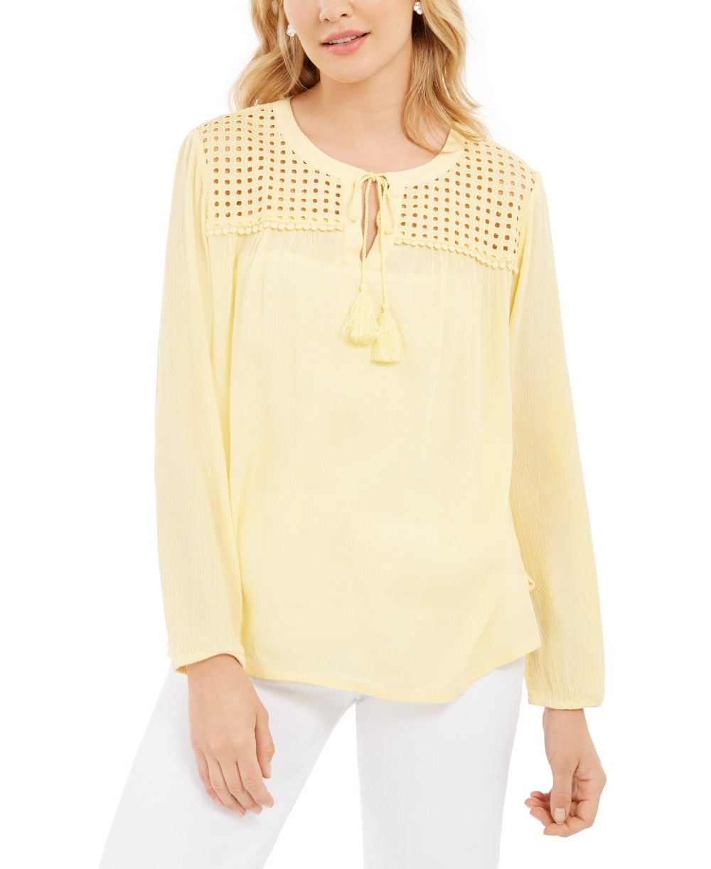 Charter Club Blusa de linho feminina com ilhós e borlas, tamanho grande, amarela