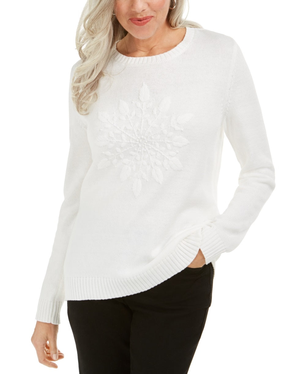 Karen Scott Suéter Feminino com Apliques de Flocos de Neve Branco Tamanho X-S