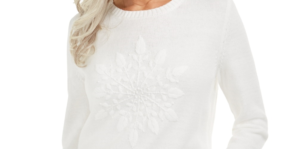 Karen Scott Suéter Feminino com Apliques de Flocos de Neve Branco Tamanho X-S
