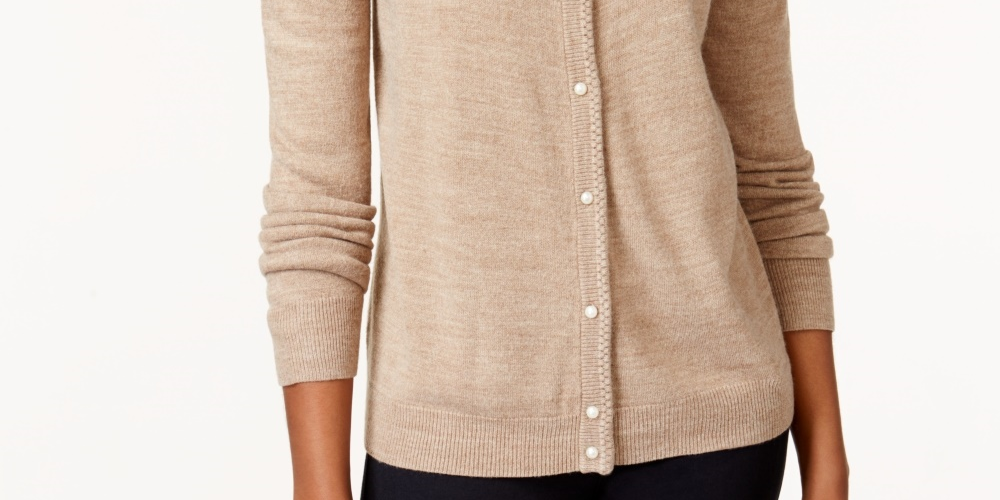 Karen Scott Cardigan Feminino com Botões e Contas Marrom Tamanho X-G