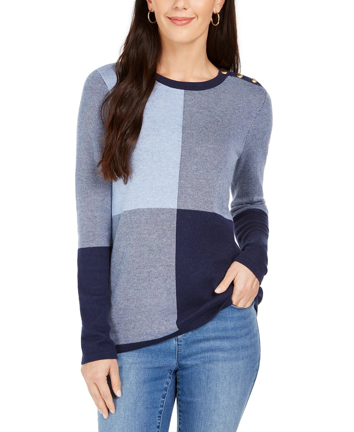 Suéter feminino com botões e blocos de cores Charter Club, azul, tamanho pequeno