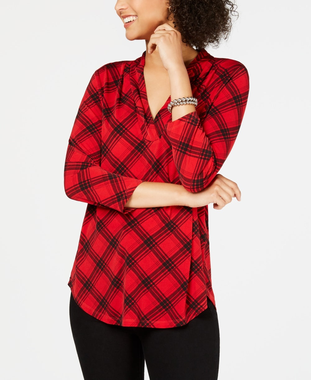 Top feminino estampado com decote em V Charter Club, tamanho médio, vermelho, pequeno