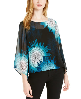 Blusa feminina Alfani Petite com mangas bufantes, azul-marinho - PS