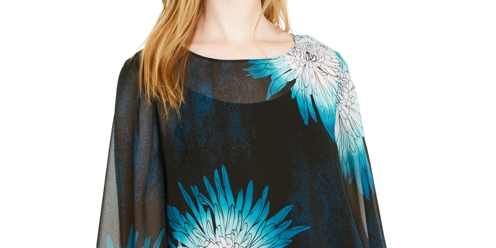 Blusa feminina Alfani Petite com mangas bufantes, azul-marinho - PS