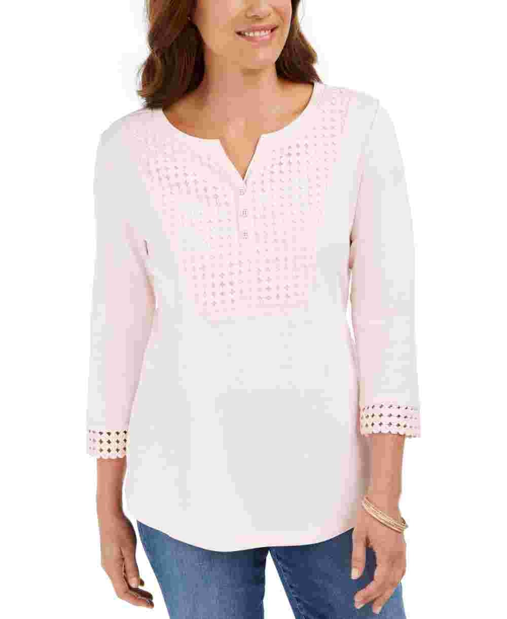 Karen Scott Top Henley Feminino com Acabamento em Crochê Rosa Tamanho Grande