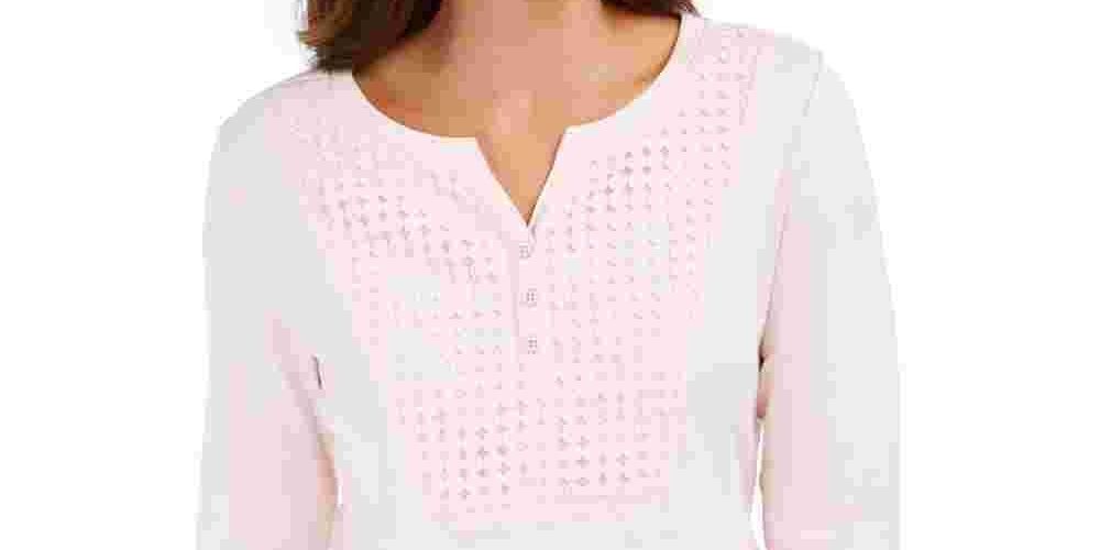 Karen Scott Top Henley Feminino com Acabamento em Crochê Rosa Tamanho Grande
