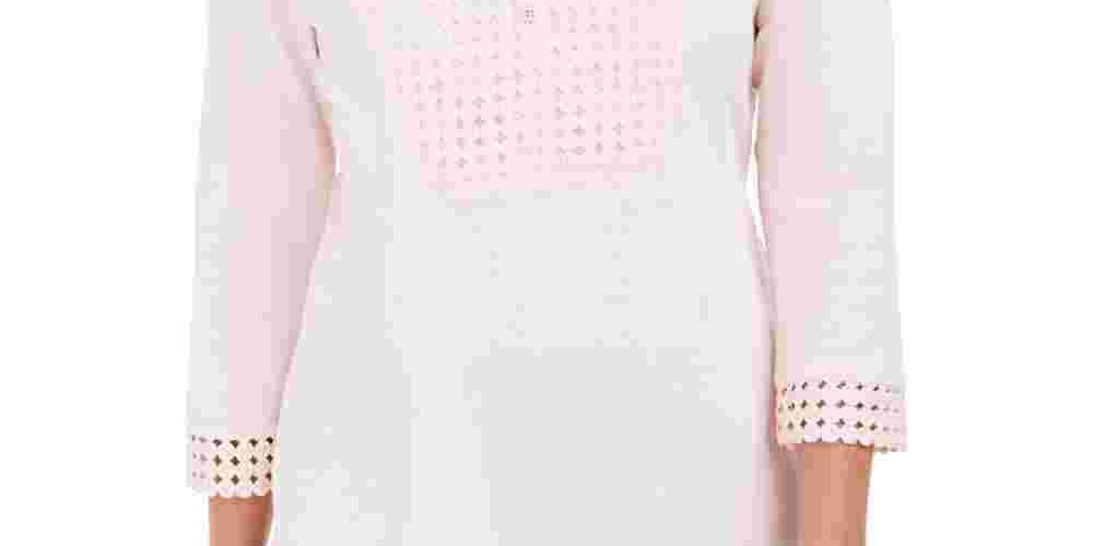 Karen Scott Top Henley Feminino com Acabamento em Crochê Rosa Tamanho Grande