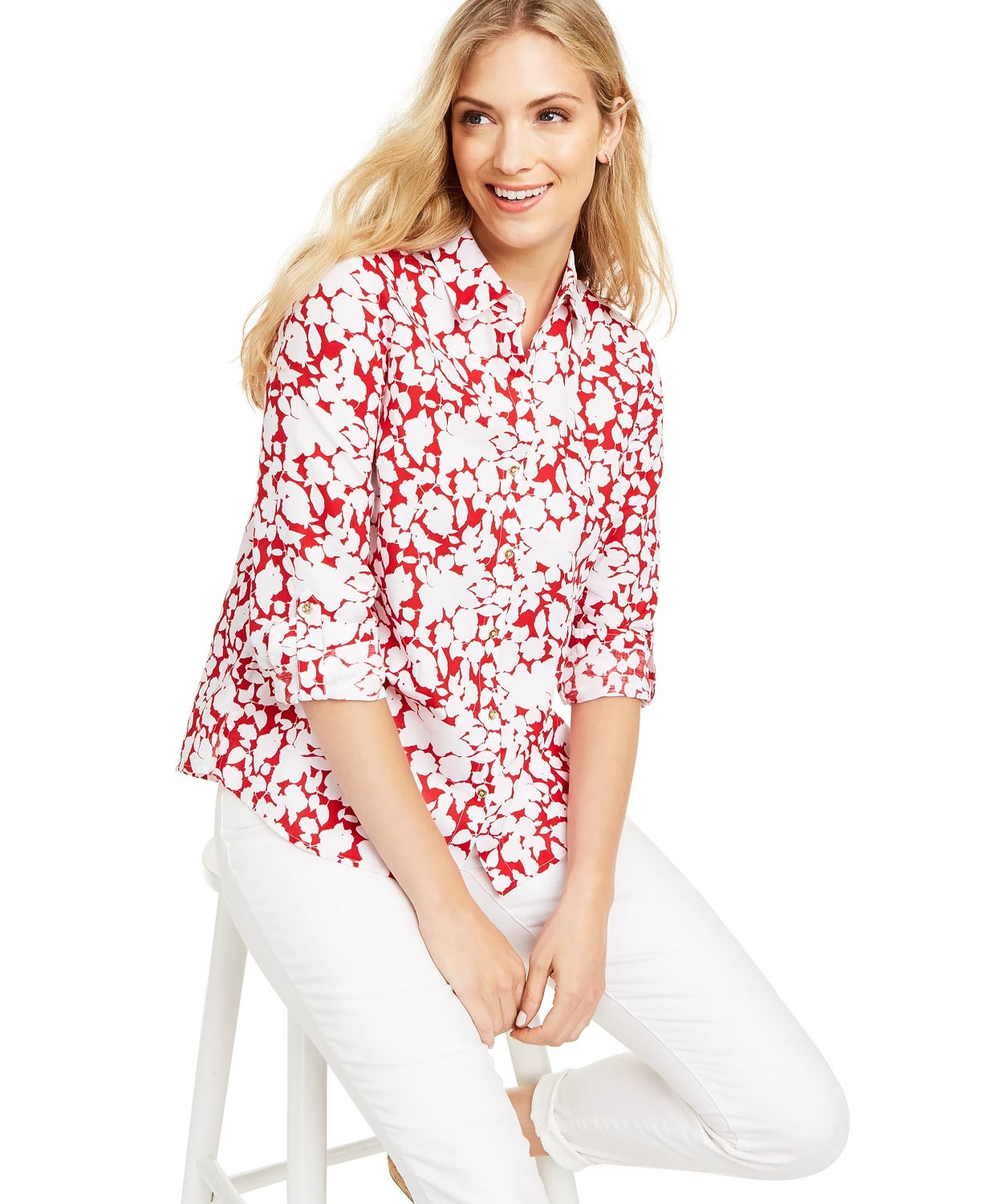Blusa feminina Charter Club estampada com mangas enroladas em mistura de linho, vermelha, tamanho X-S