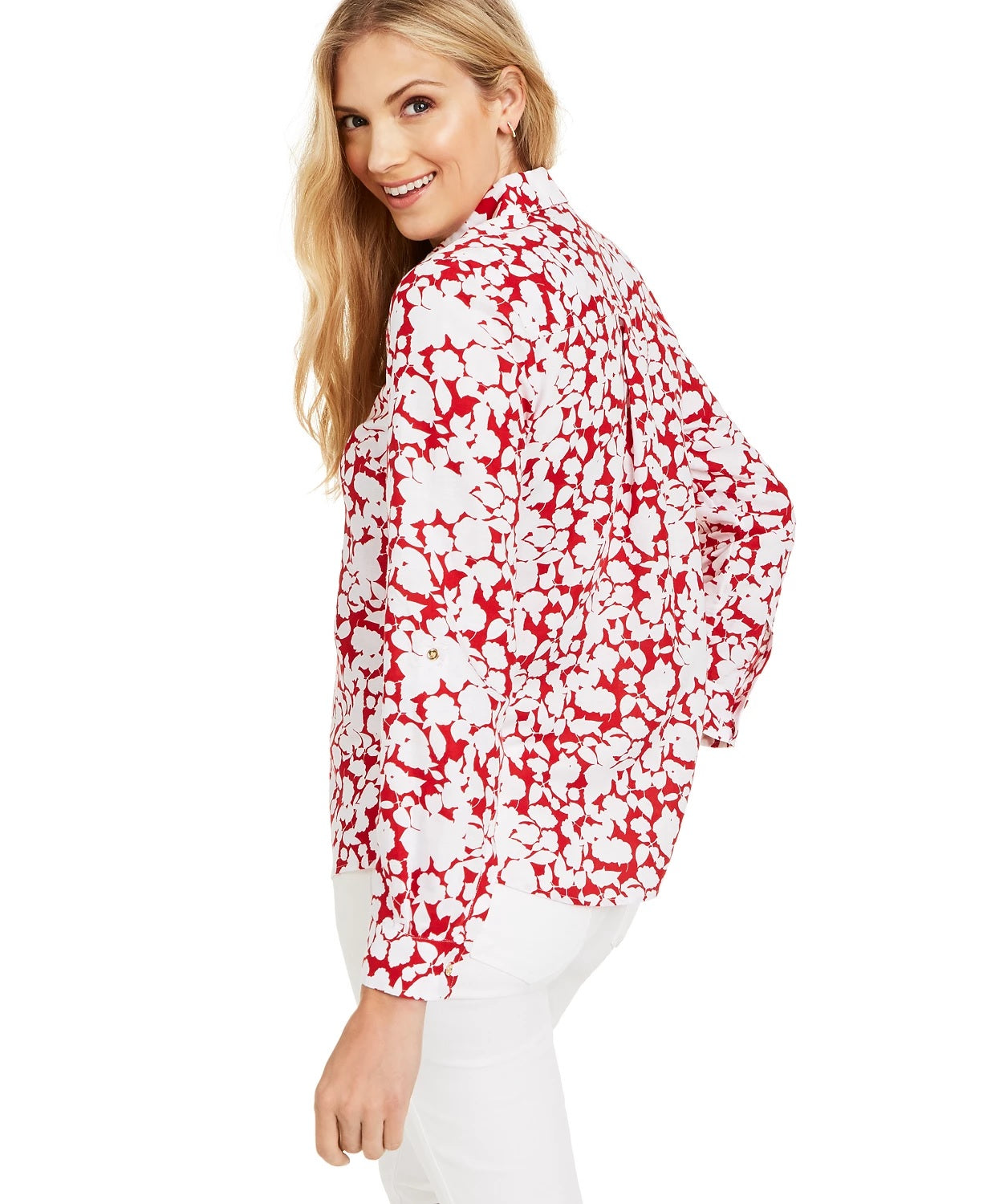 Blusa feminina Charter Club estampada com mangas enroladas em mistura de linho, vermelha, tamanho X-S
