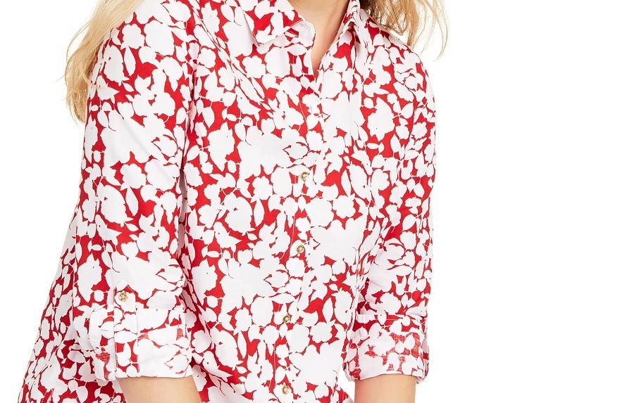 Blusa feminina Charter Club estampada com mangas enroladas em mistura de linho, vermelha, tamanho X-S