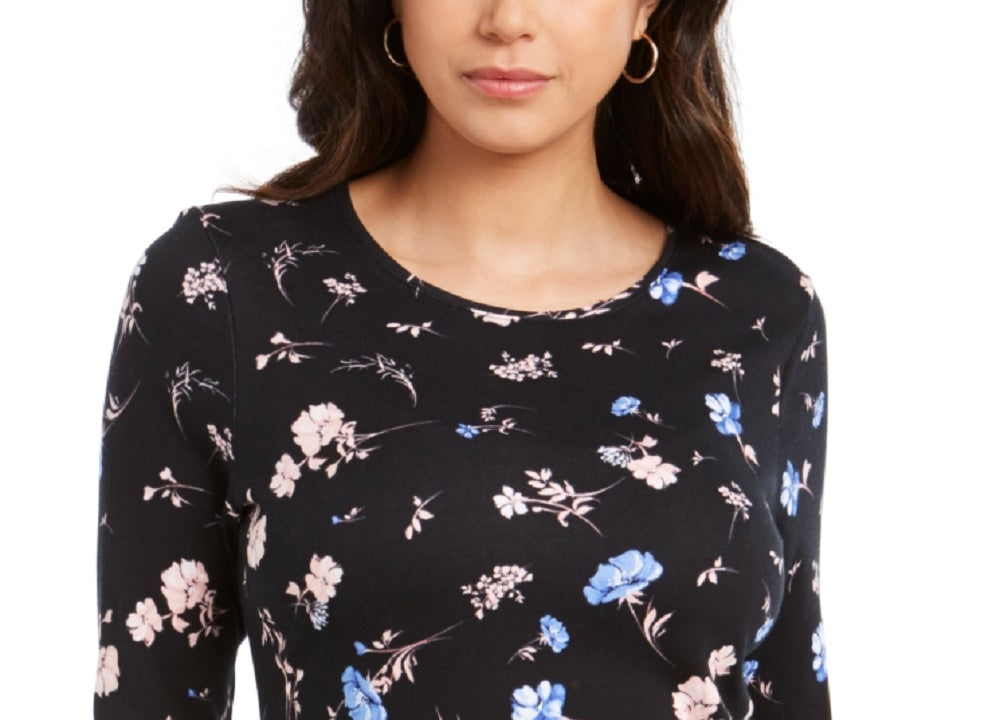 Camiseta feminina Charter Club Pima Cotton com estampa Ditsy, preta, tamanho médio