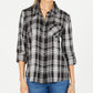 Camisa xadrez feminina de algodão com mangas curtas e abas Style &amp; Co, preta, tamanho pequeno extragrande