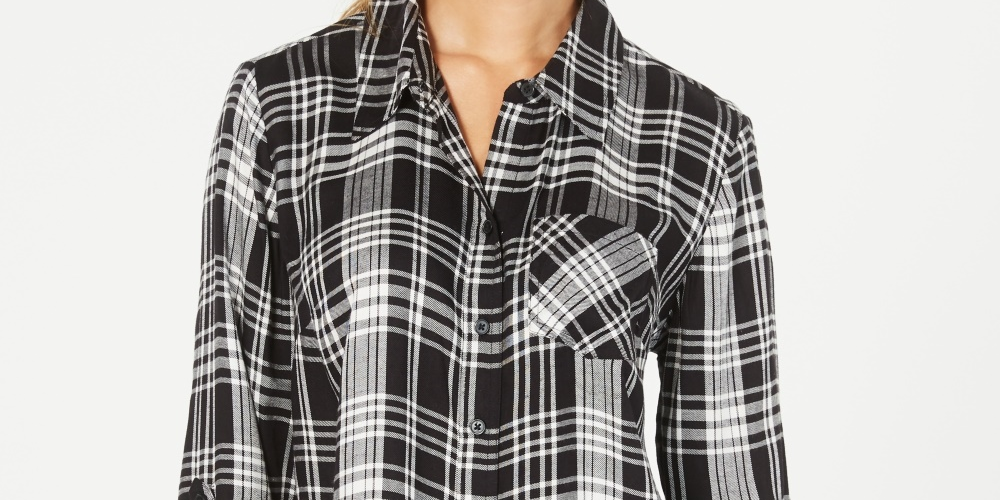 Camisa xadrez feminina de algodão com mangas curtas e abas Style &amp; Co, preta, tamanho pequeno extragrande