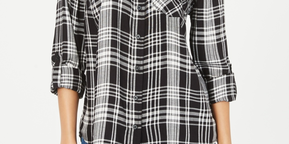 Camisa xadrez feminina de algodão com mangas curtas e abas Style &amp; Co, preta, tamanho pequeno extragrande