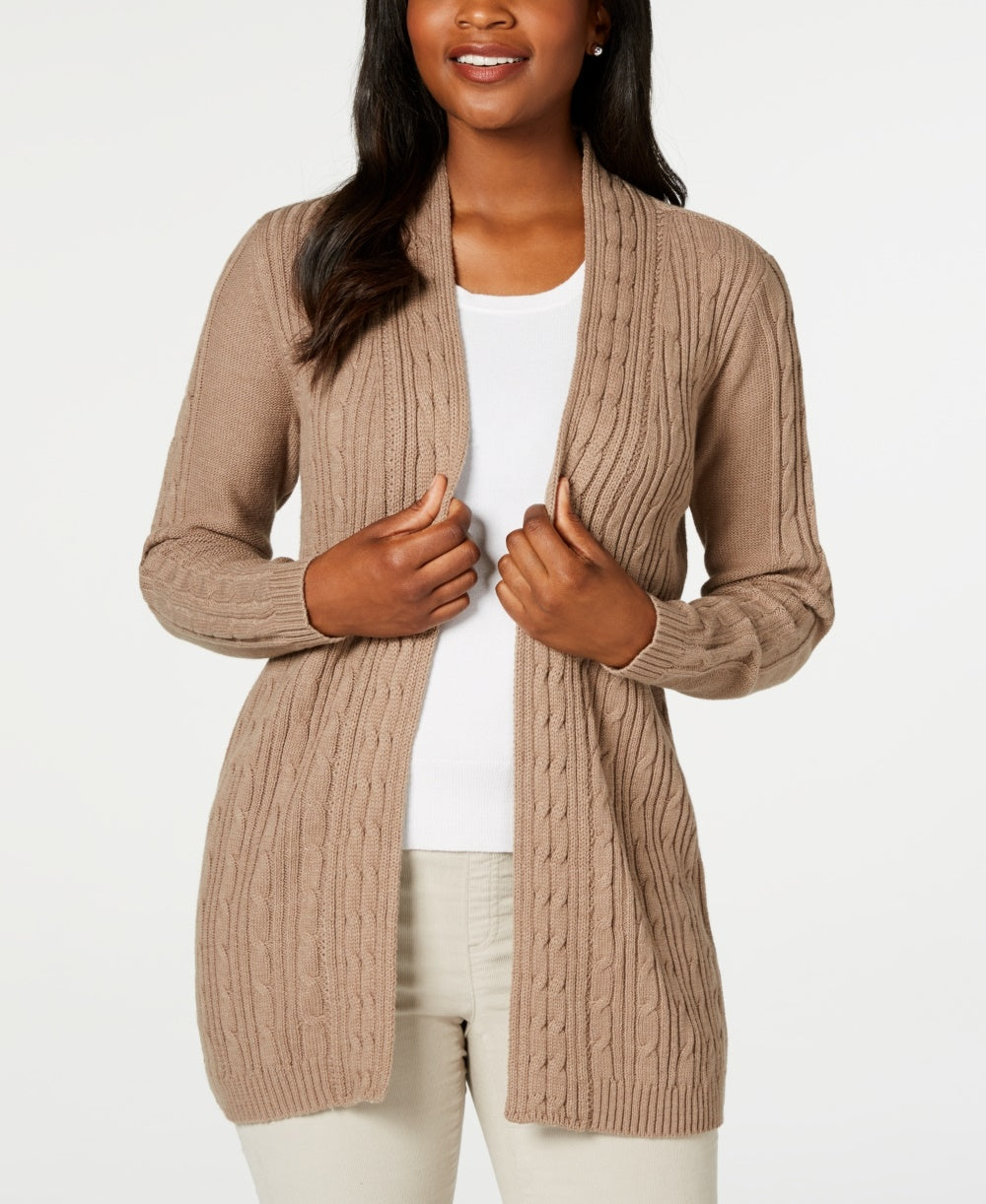 Cardigan de malha trançada feminino Karen Scott, marrom, tamanho XS