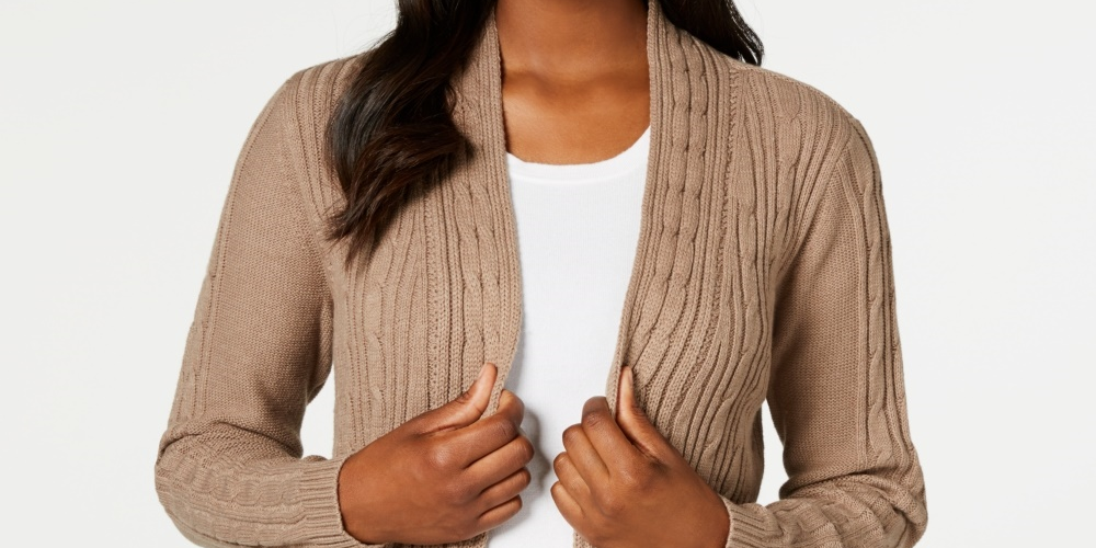Cardigan de malha trançada feminino Karen Scott, marrom, tamanho XS
