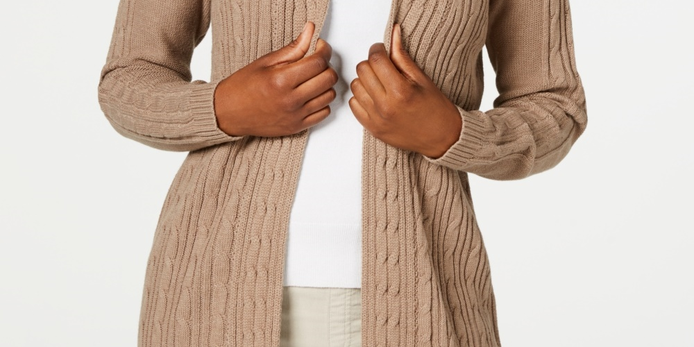Cardigan de malha trançada feminino Karen Scott, marrom, tamanho XS