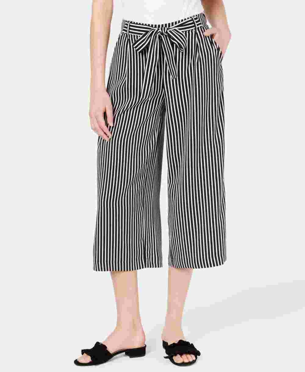 Calça capri feminina listrada com perna larga e amarração frontal, preta, tamanho pequeno, Maison Jules