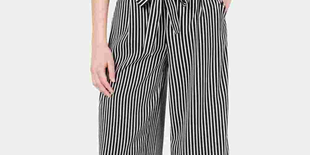 Calça capri feminina listrada com perna larga e amarração frontal, preta, tamanho pequeno, Maison Jules