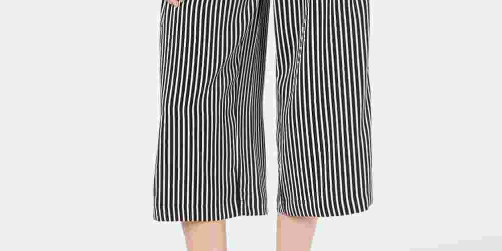 Calça capri feminina listrada com perna larga e amarração frontal, preta, tamanho pequeno, Maison Jules