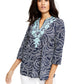 Charter Club Blusa feminina bordada e estampada, gola dividida, azul, tamanho X-S