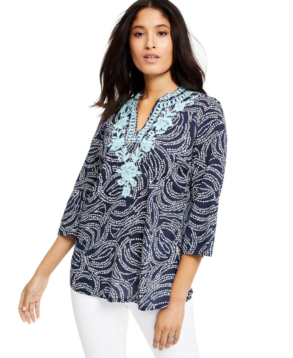 Charter Club Blusa feminina bordada e estampada, gola dividida, azul, tamanho X-S