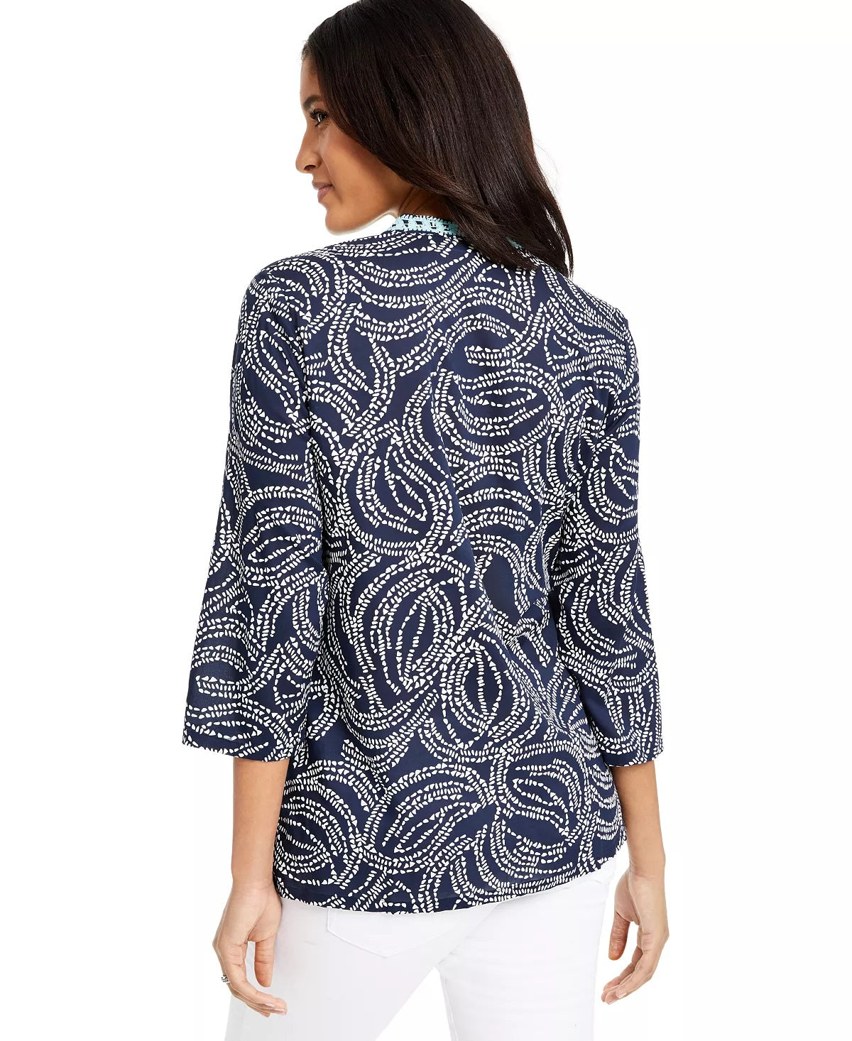 Charter Club Blusa feminina bordada e estampada, gola dividida, azul, tamanho X-S