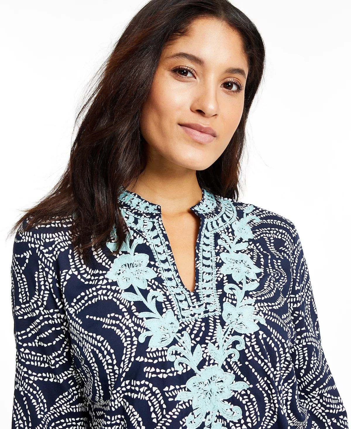 Charter Club Blusa feminina bordada e estampada, gola dividida, azul, tamanho X-S