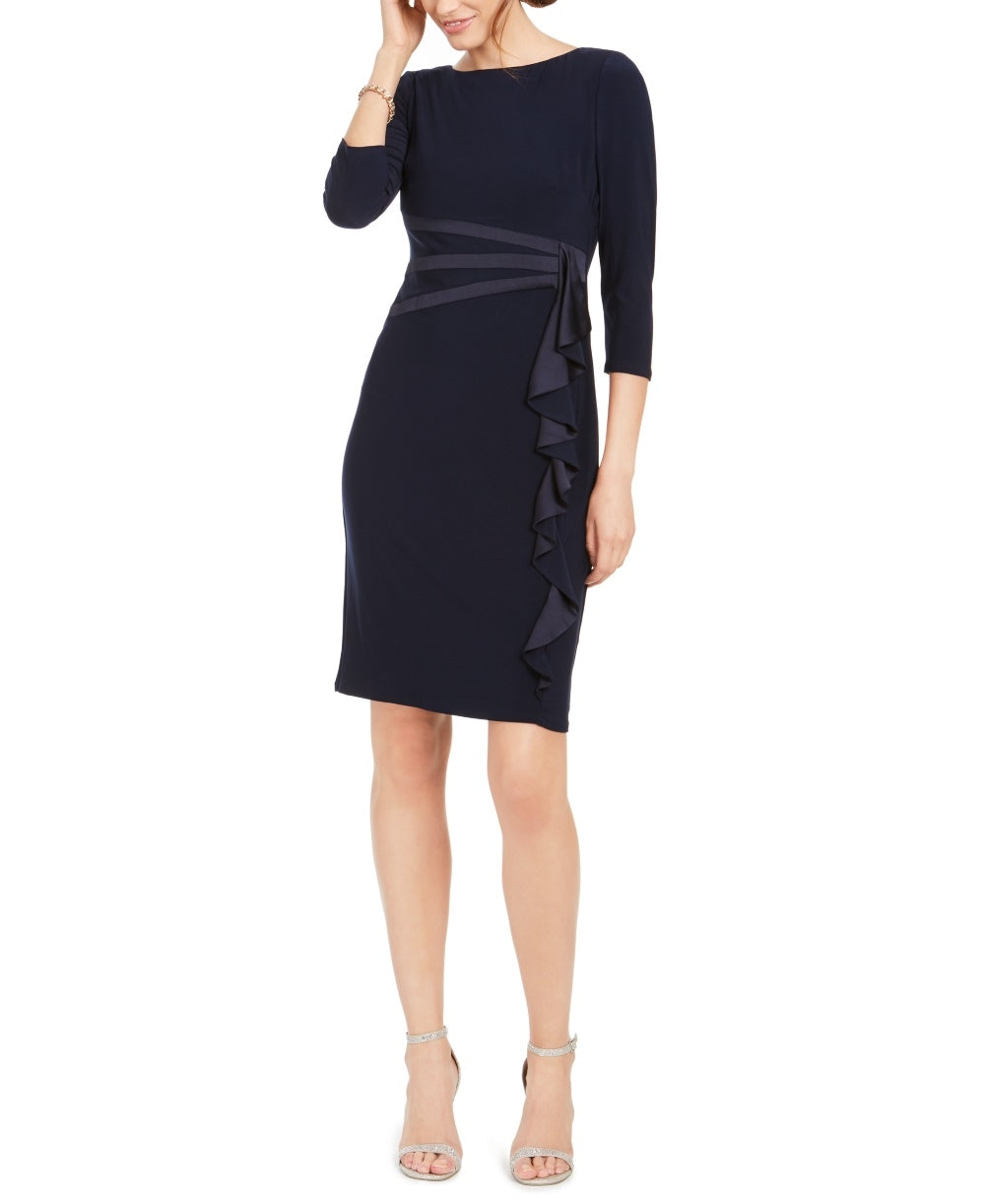 Vestido feminino Jessica Howard de cetim e jersey com babados, preto, tamanho 14, pequeno