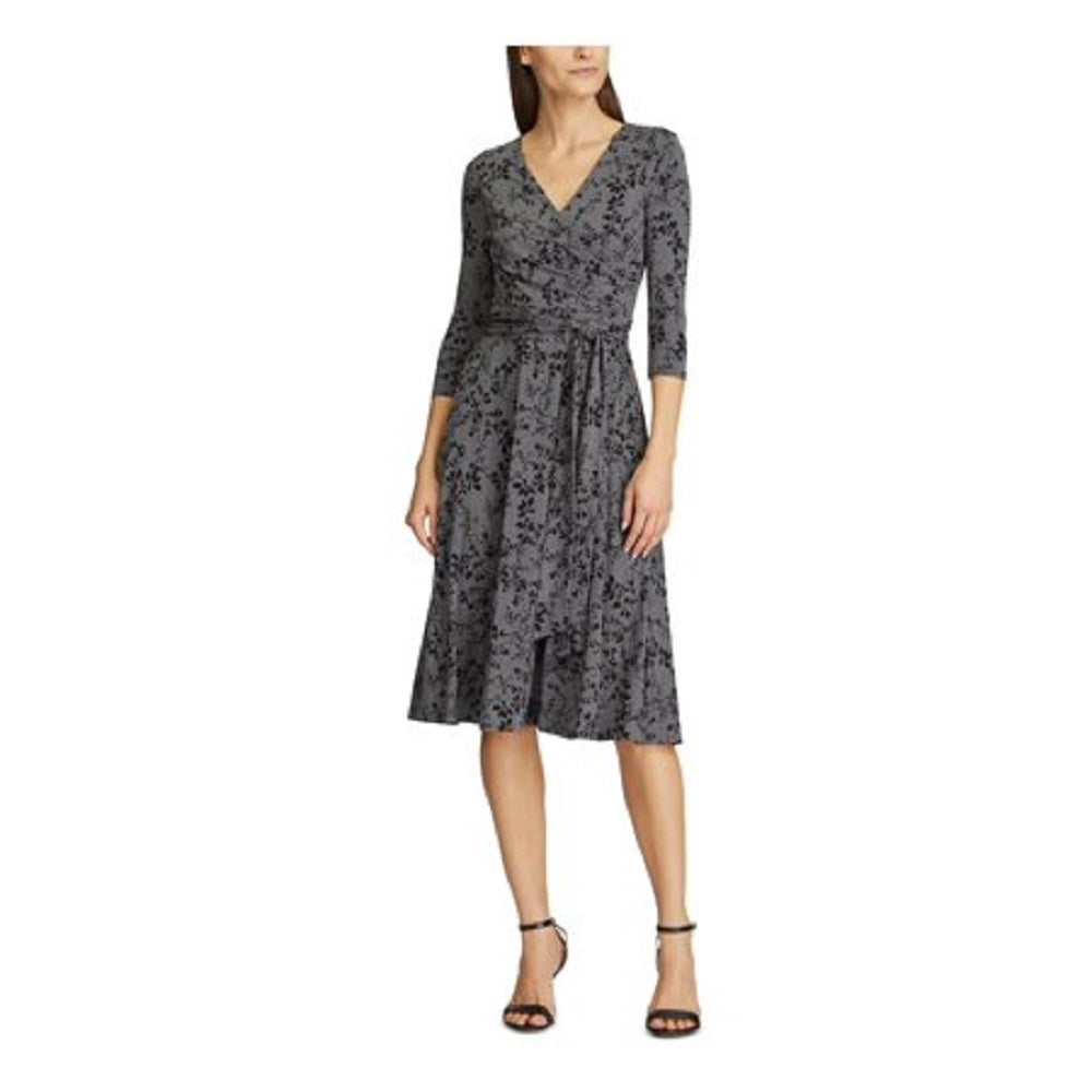 Vestido Ralph Lauren Feminino Floral Manga 3/4 Decote V Abaixo do Joelho Ajuste + Flare Cinza Tamanho 4 Petite