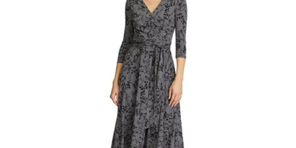 Vestido Ralph Lauren Feminino Floral Manga 3/4 Decote V Abaixo do Joelho Ajuste + Flare Cinza Tamanho 4 Petite
