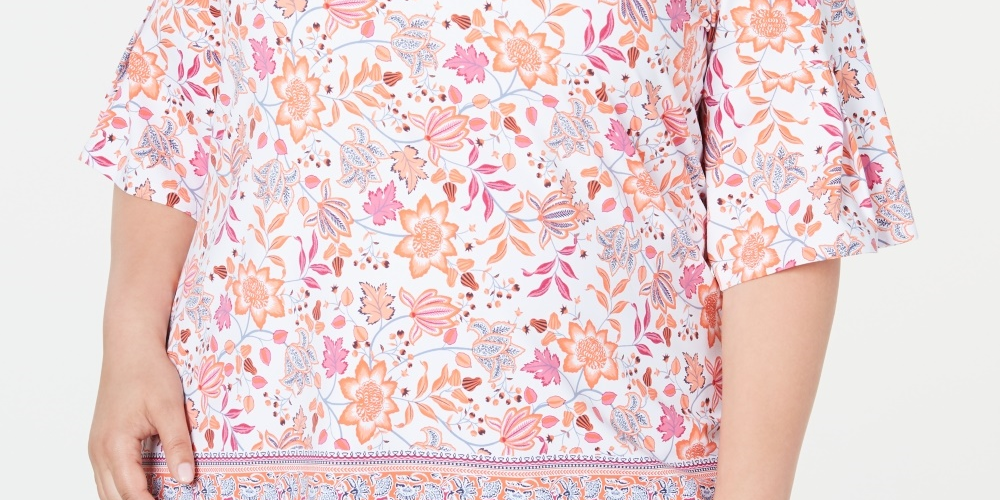 Top feminino plus size com estampa e manga sino Charter Club, branco, tamanho 0X