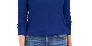 Blusa feminina Charter Club com gola alta canelada mesclada, azul, tamanho grande