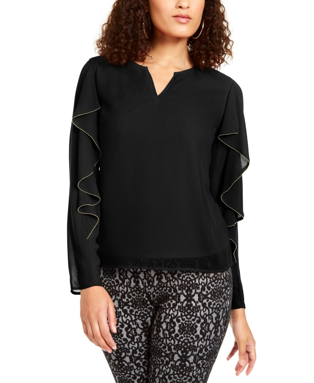 Thalia Sodi Top Feminino com Mangas Babadas e Enfeites, Preto, Tamanho X-G
