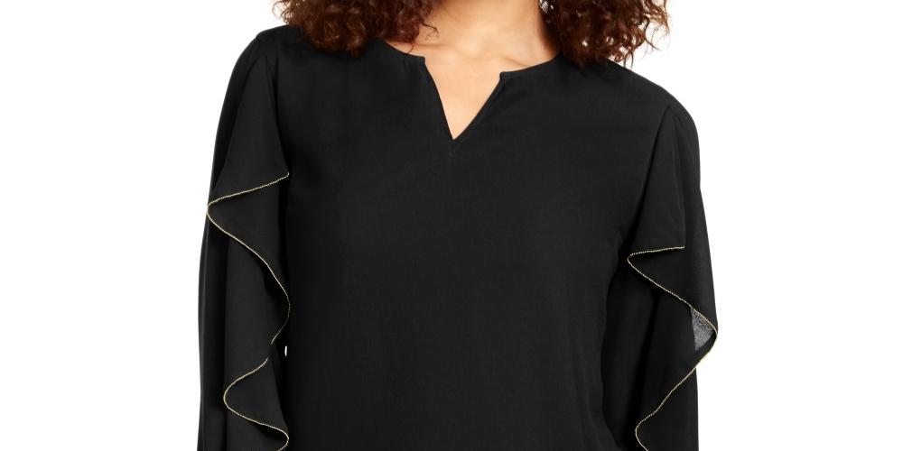 Thalia Sodi Top Feminino com Mangas Babadas e Enfeites, Preto, Tamanho X-G