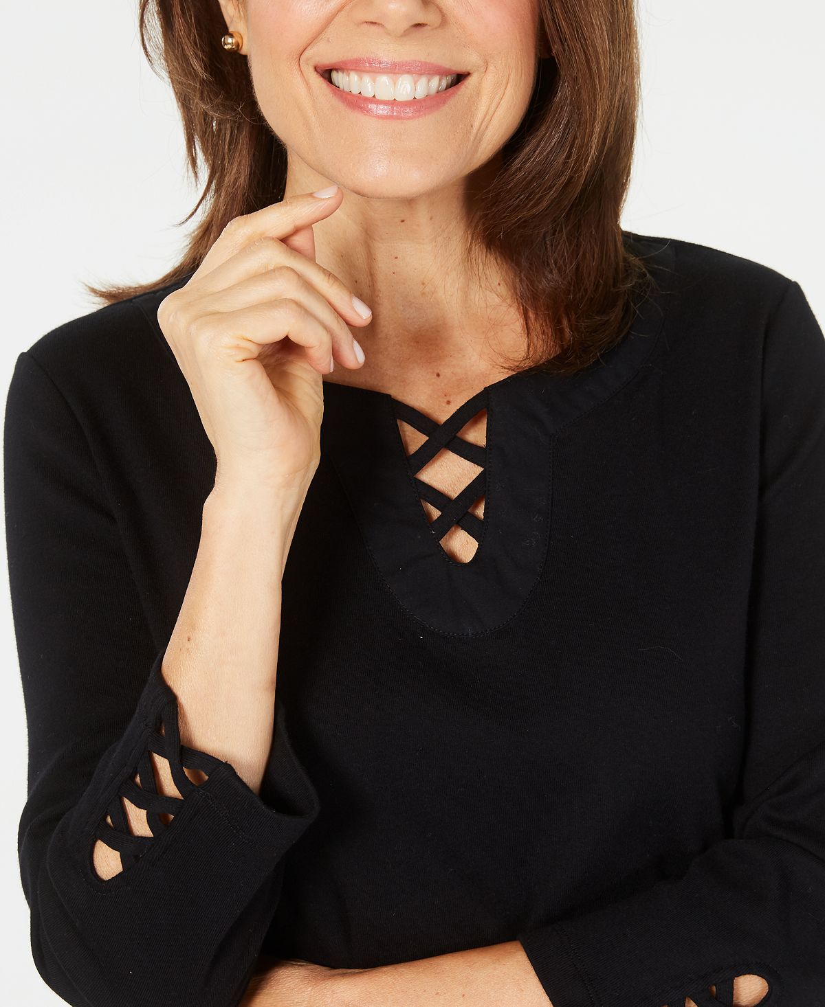 Karen Scott Top de algodão feminino com cadarço, preto, tamanho 44