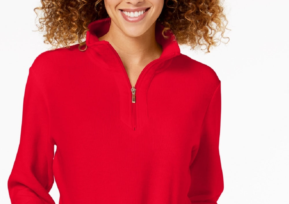 Karen Scott Top feminino pequeno com decote em zíper vermelho brilhante tamanho pequeno extragrande
