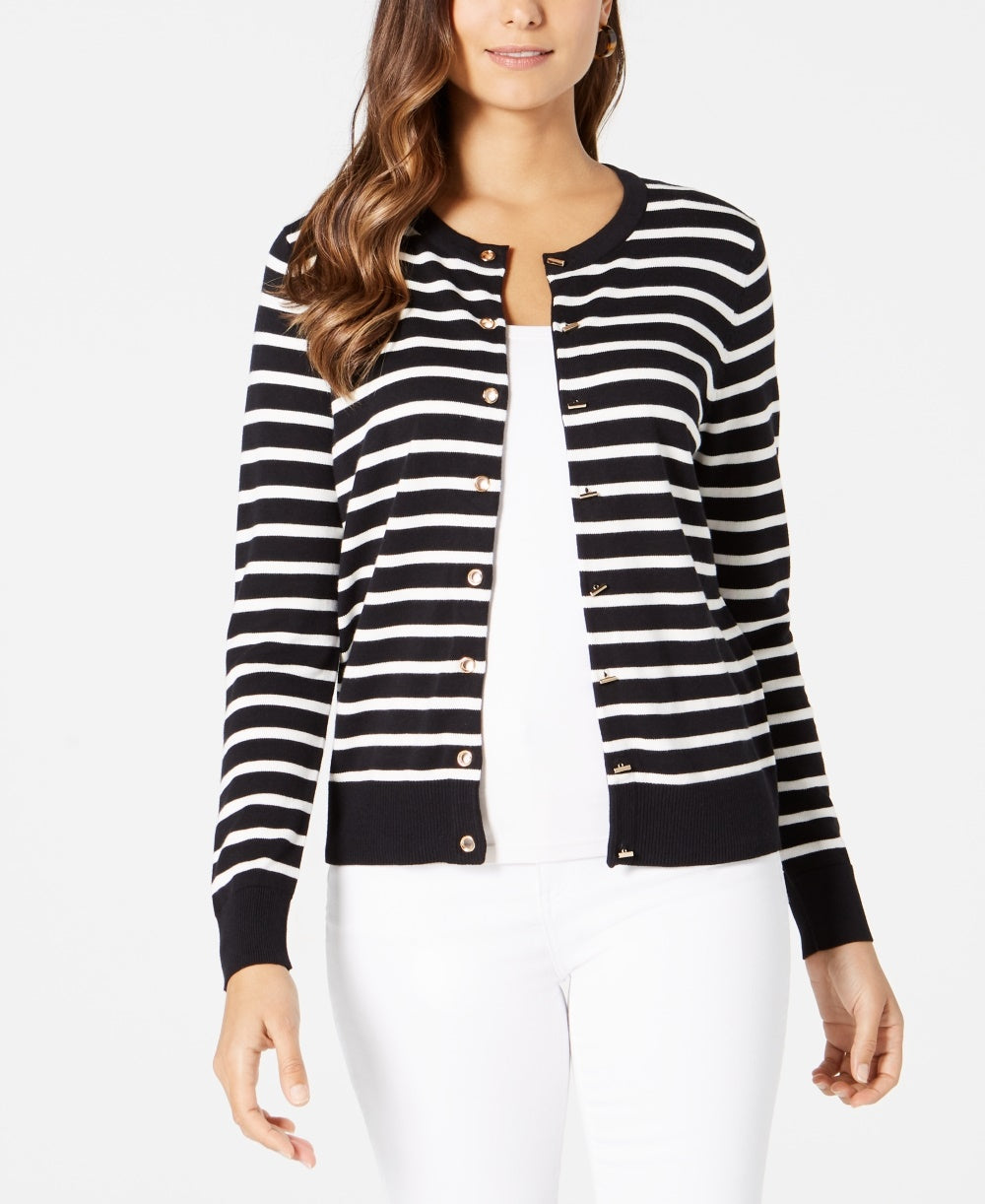 Cardigan feminino listrado com ilhós Charter Club, preto, tamanho médio