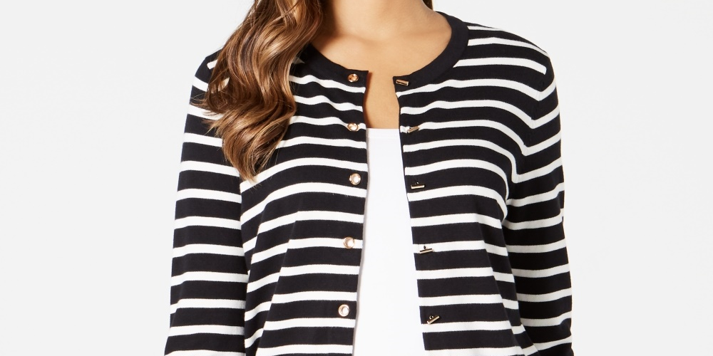 Cardigan feminino listrado com ilhós Charter Club, preto, tamanho médio