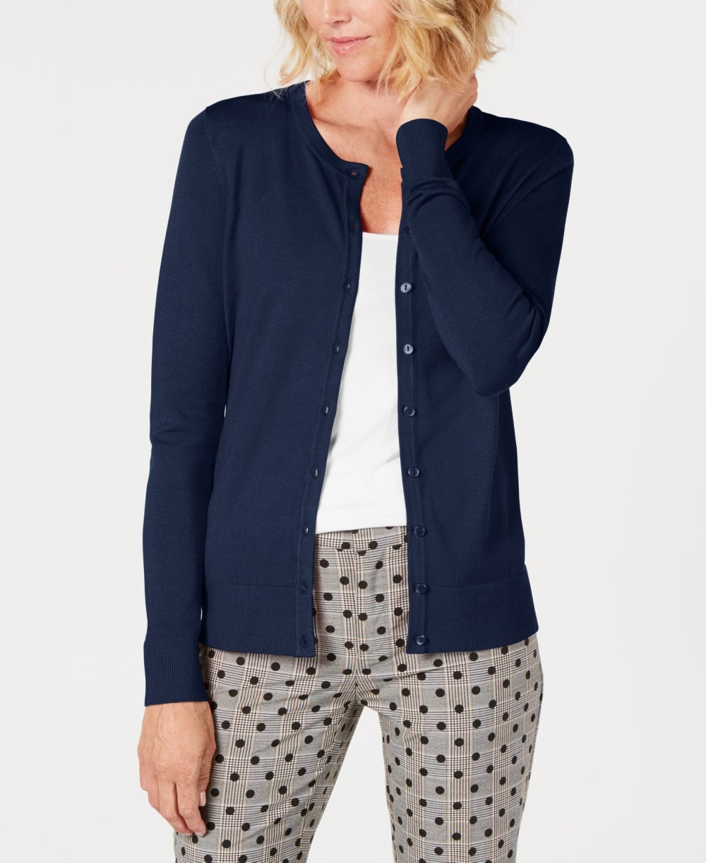 Cardigan feminino com gola redonda Charter Club, azul, tamanho pequeno, médio
